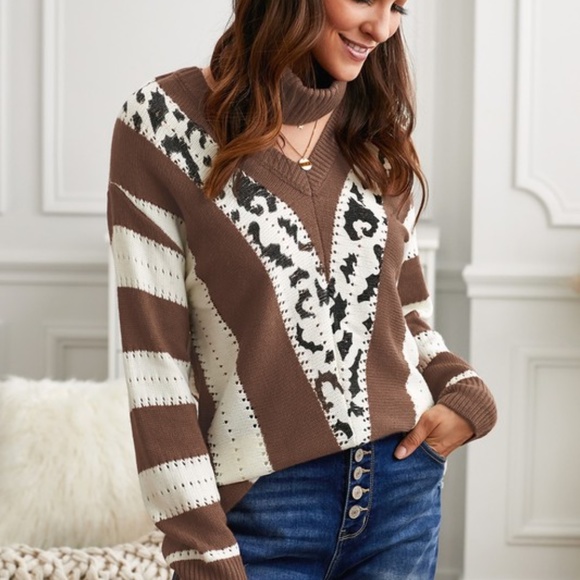 brown chevron v neck leopard print striped sweater - Picture 2 of 4
